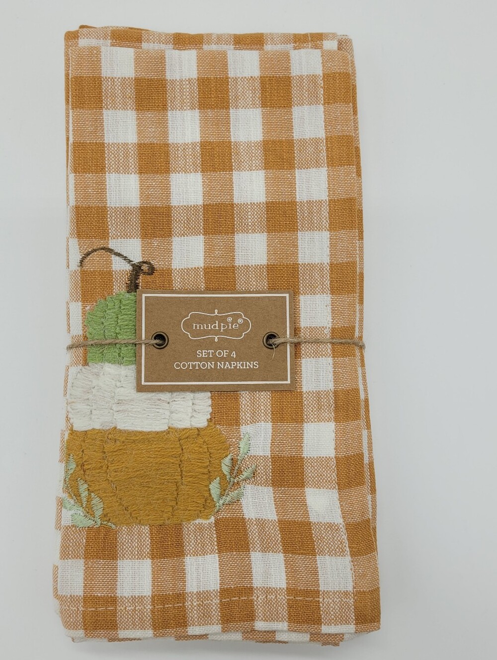 Mud Pie Napkin Set Of 4 Rust Off White Gingham Check Pumpkin Embroidery Fall NEW
